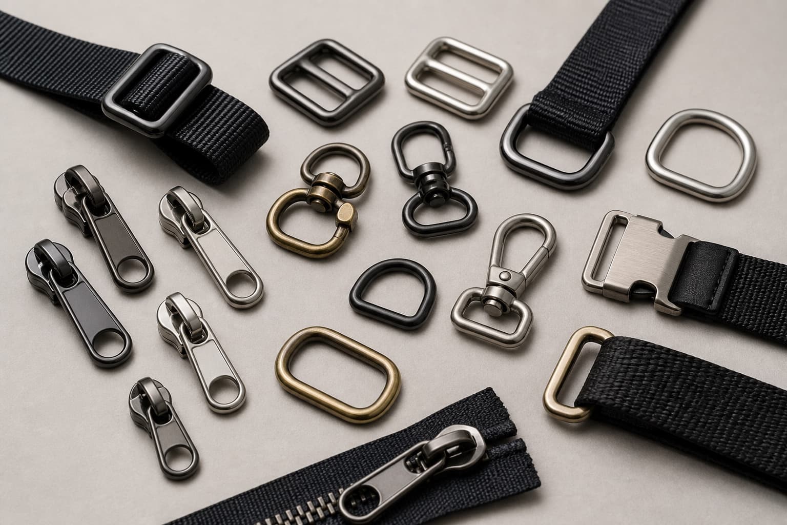 Assorted bag hardware — zipper sliders, metal buckles, D-rings, and webbing strap ends