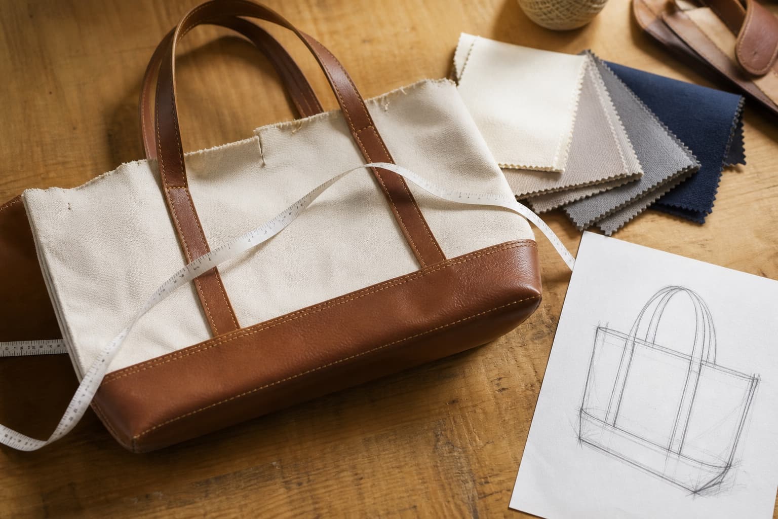 Bag sample prototype on a workbench with a tape measure, fabric swatches, and a tech pack sketch