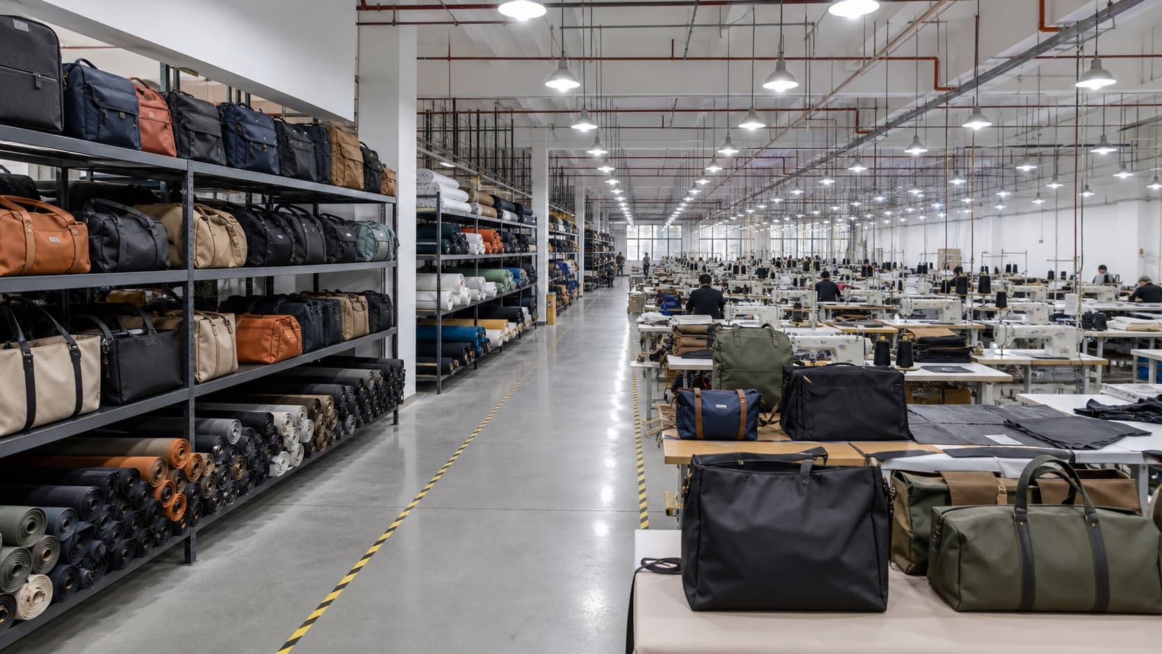 Wide view of Sanjin Bag's production floor with multiple sewing lines