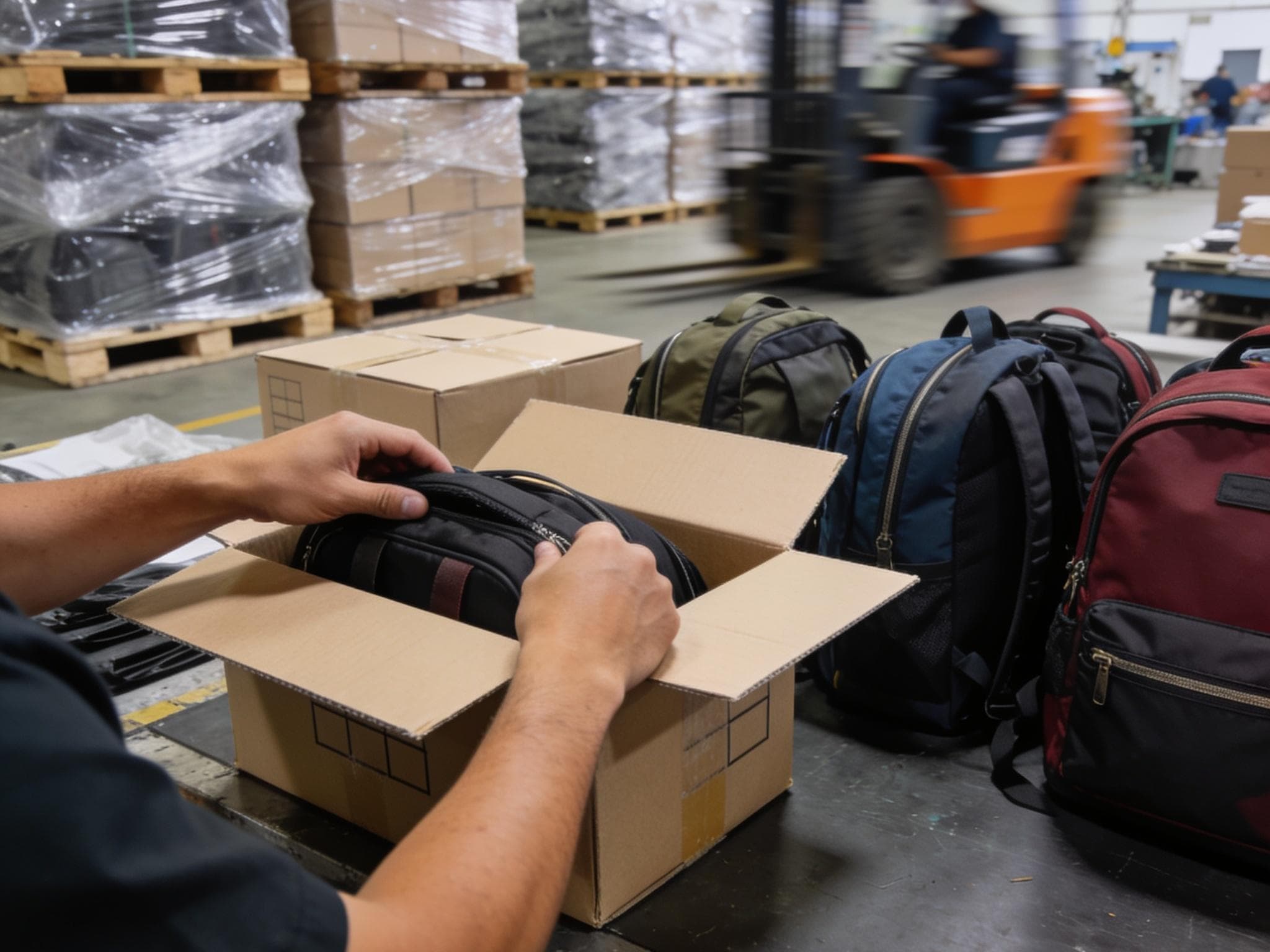 Packing finished bags for export shipment at Sanjin Bag's factory