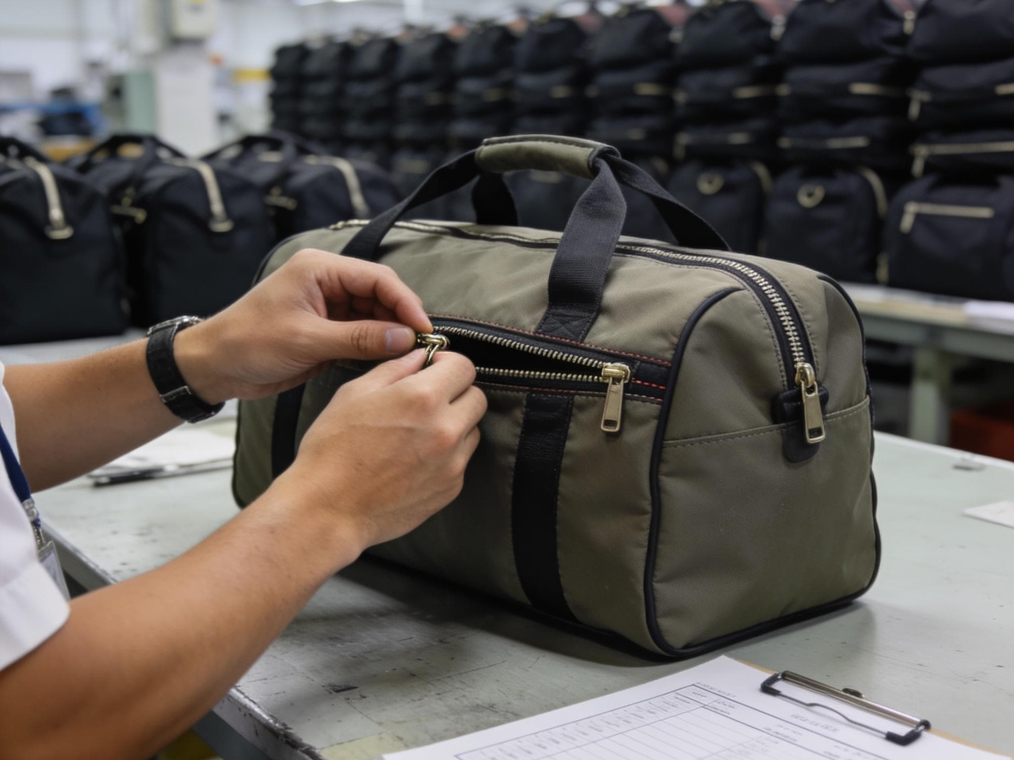 Quality control inspector checking stitching and hardware on a finished bag
